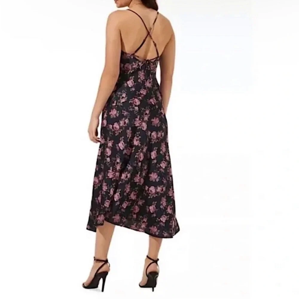 Astr the Label Gaia Navy Floral Satin Midi Dress